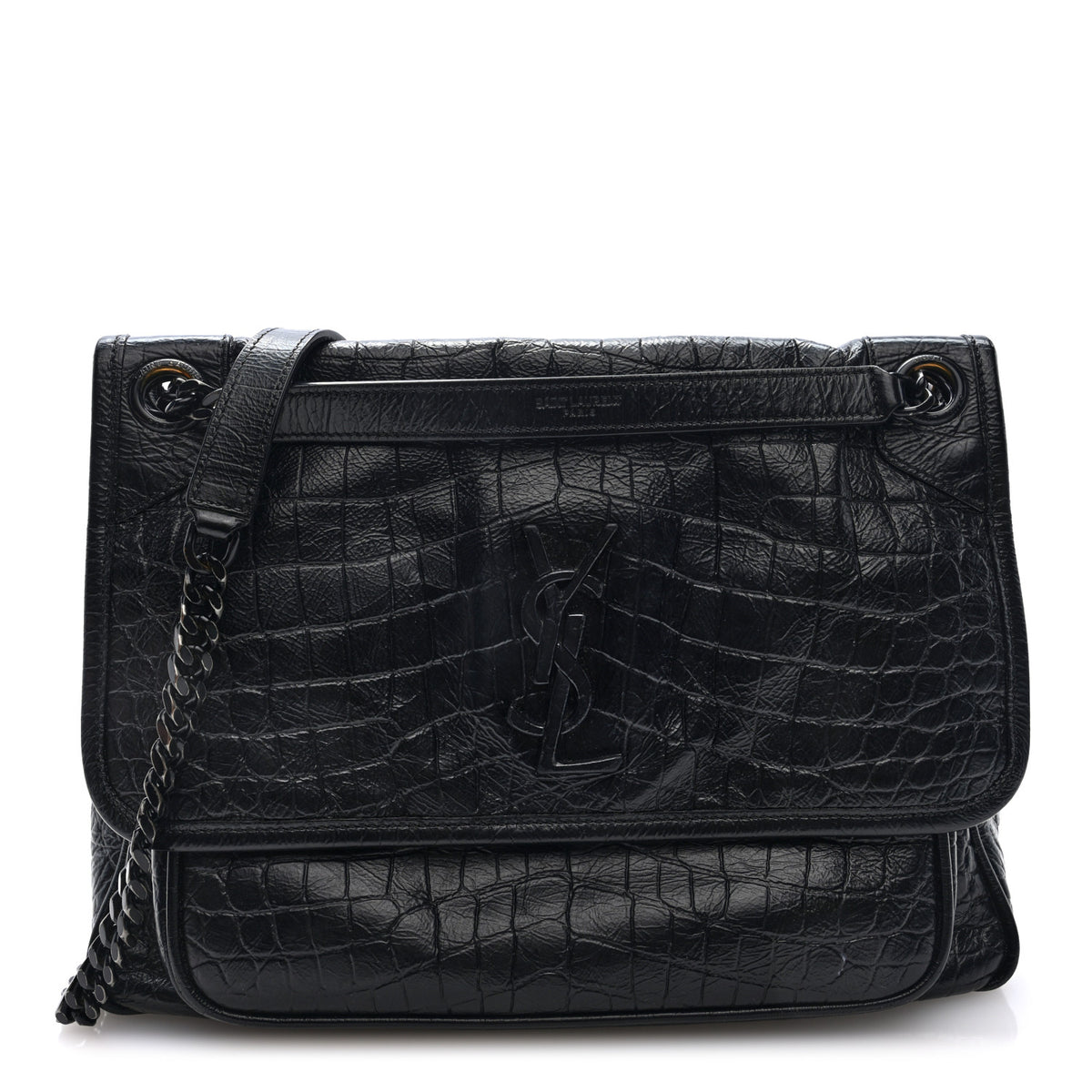 Saint Laurent Crocodile Embossed Lambskin Monogram Medium Niki Chain Satchel Black 1 of 9