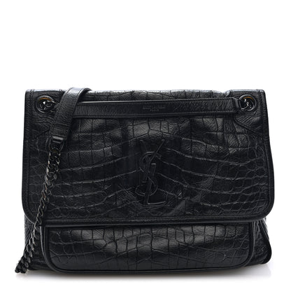 Saint Laurent Crocodile Embossed Lambskin Monogram Medium Niki Chain Satchel Black 1 of 9