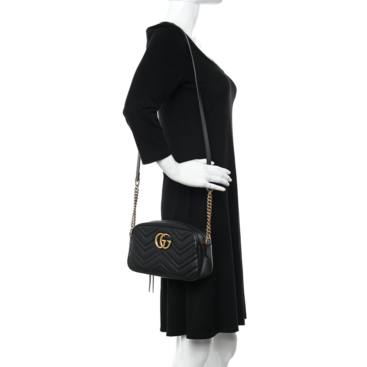 Gucci Calfskin Matelasse Small GG Marmont Chain Shoulder Bag Black 2 of 10