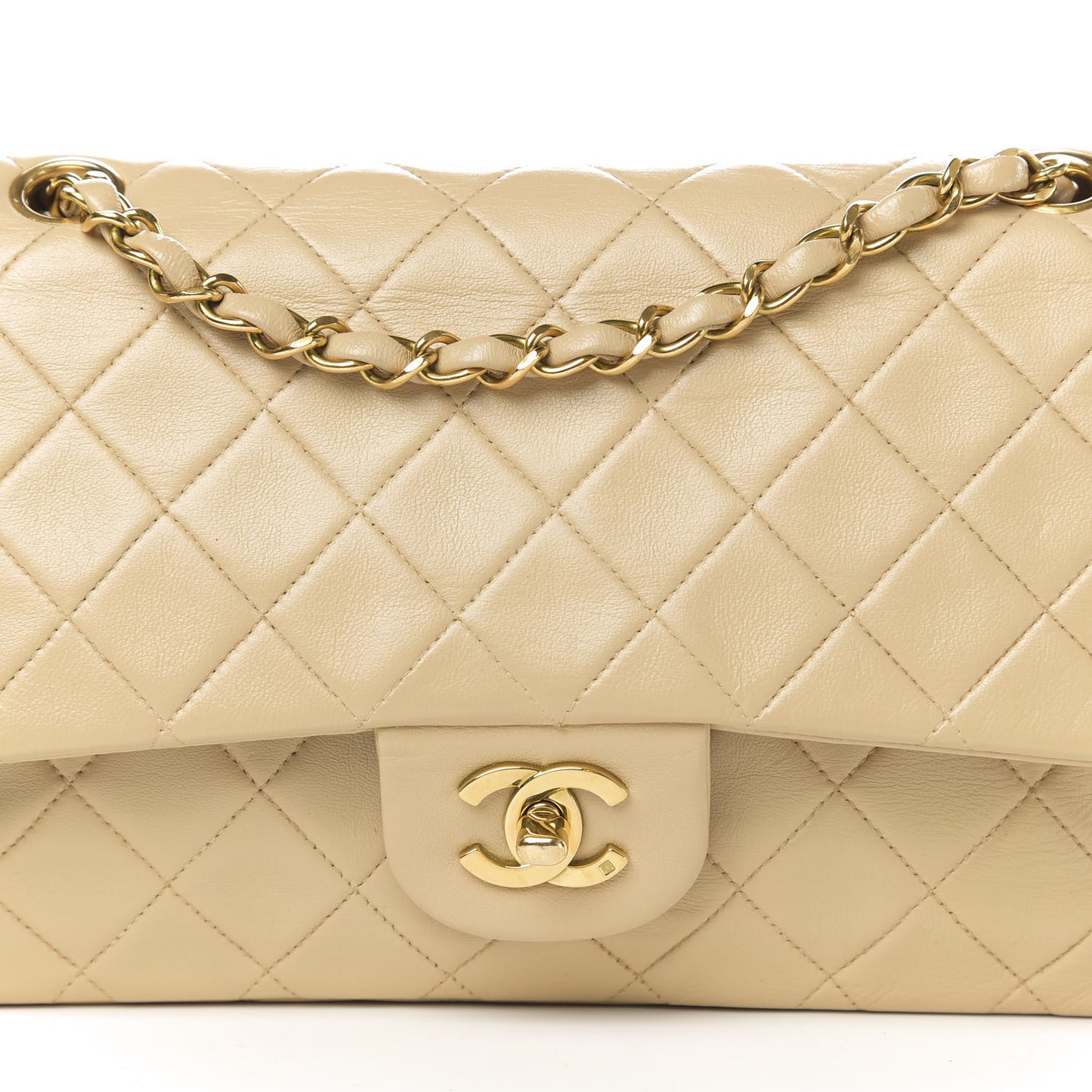 Lambskin Quilted Medium Double Flap Beige