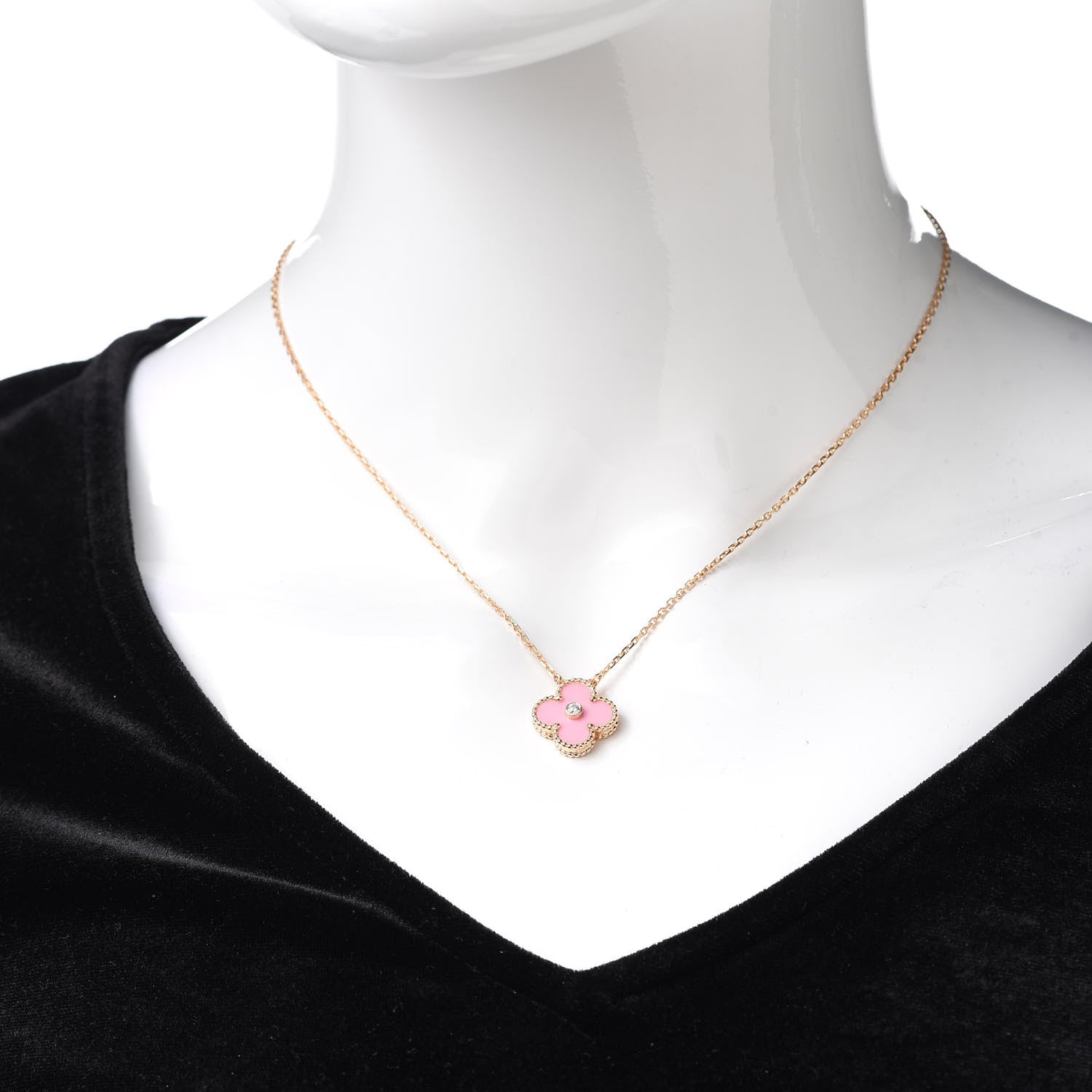 Van Cleef & Arpels 18K Rose Gold Diamond Pink Porcelain Vintage Alhambra Pendant Necklace 2 of 8