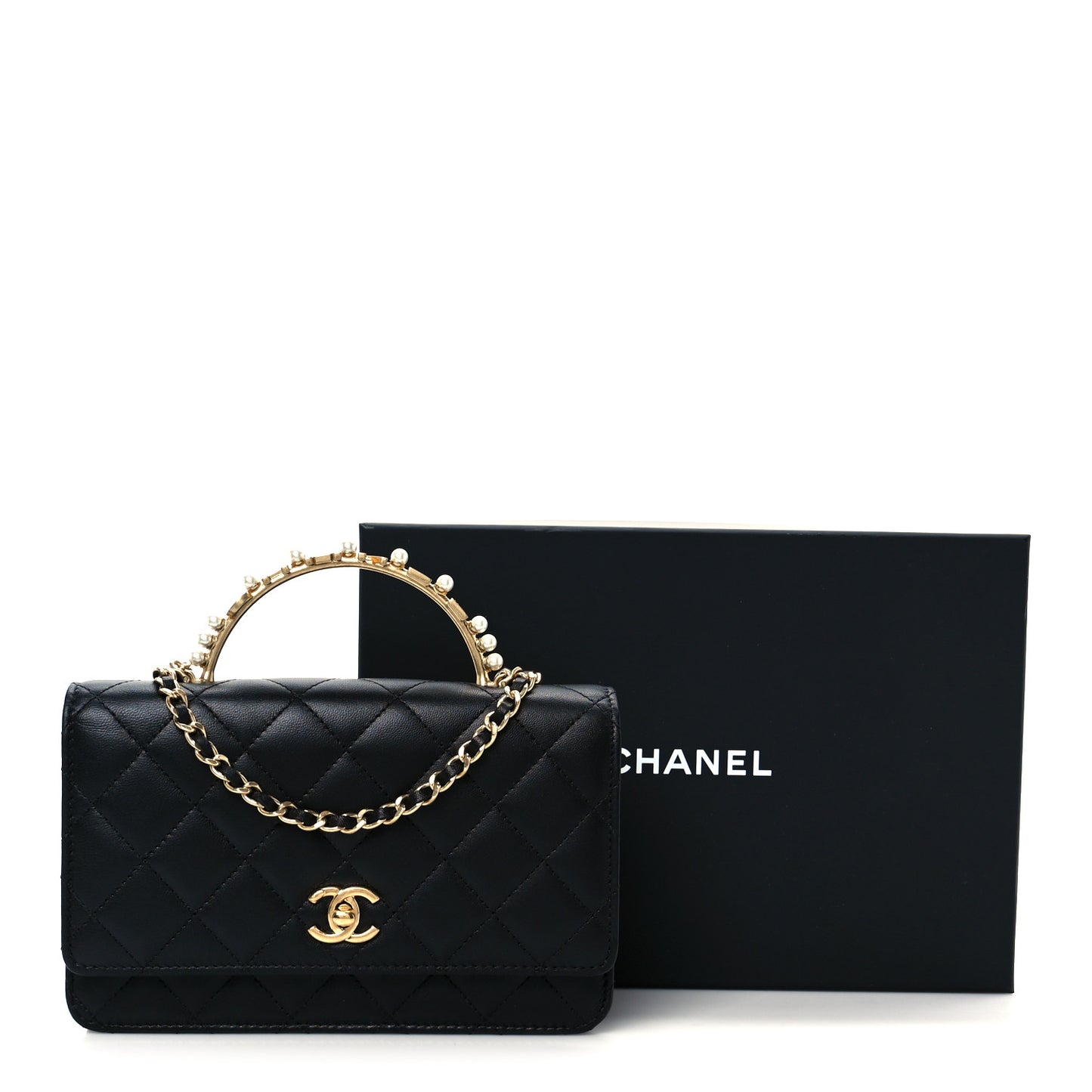 Lambskin Quilted Crystal Pearl Handle Wallet On Chain WOC Black