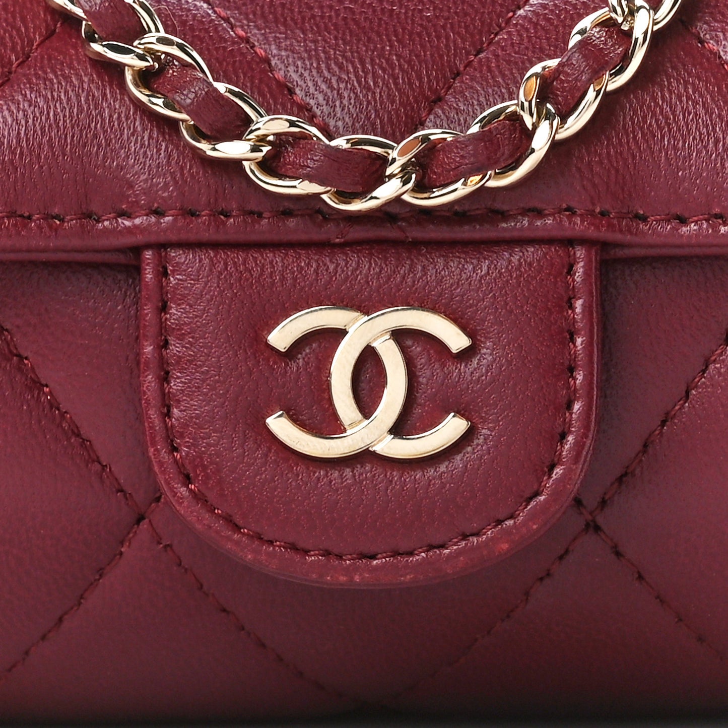 Lambskin Quilted Box Of Secrets Card Holder With Chain Burgundy