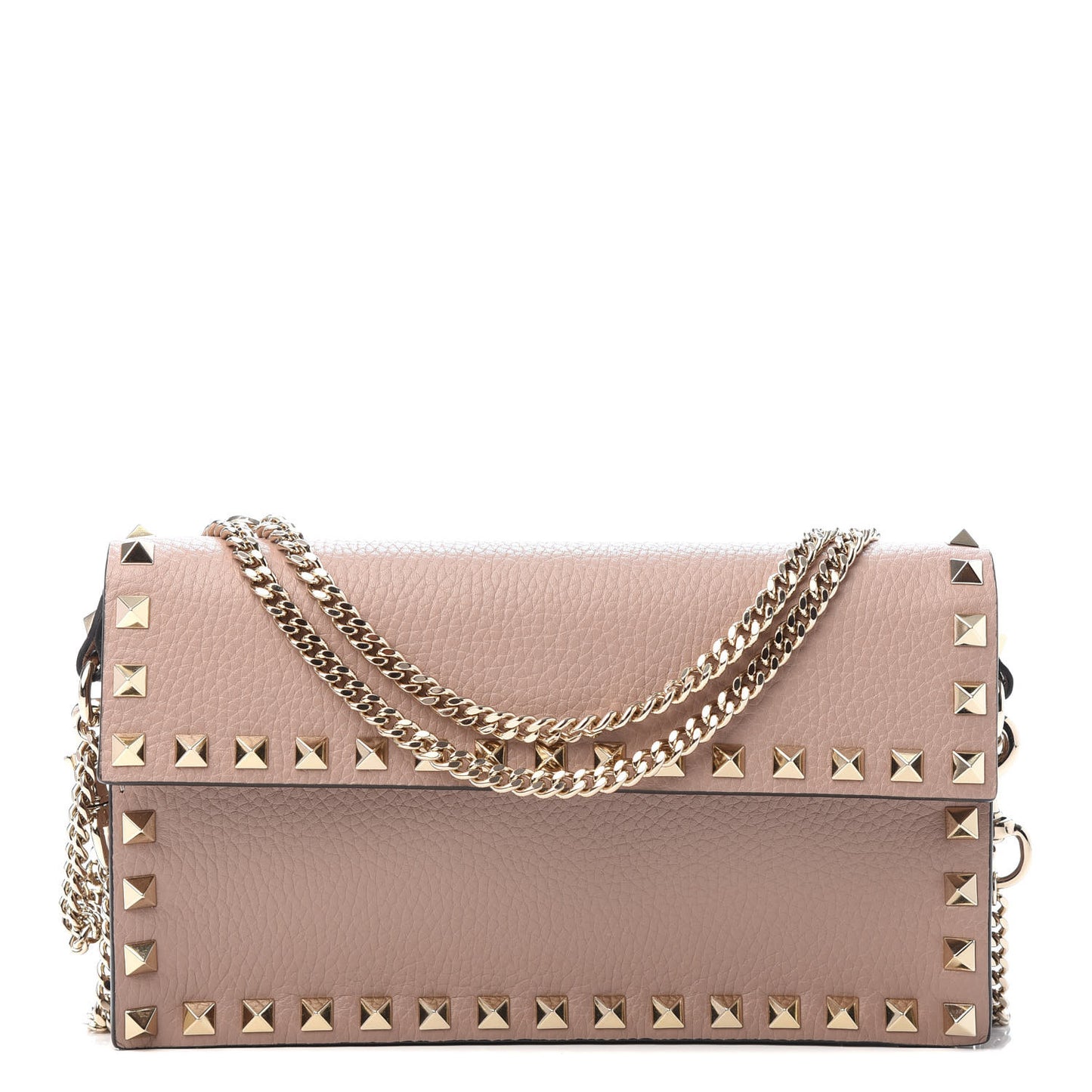 Pebbled Calfskin Rockstud Flap Wallet On Chain Poudre