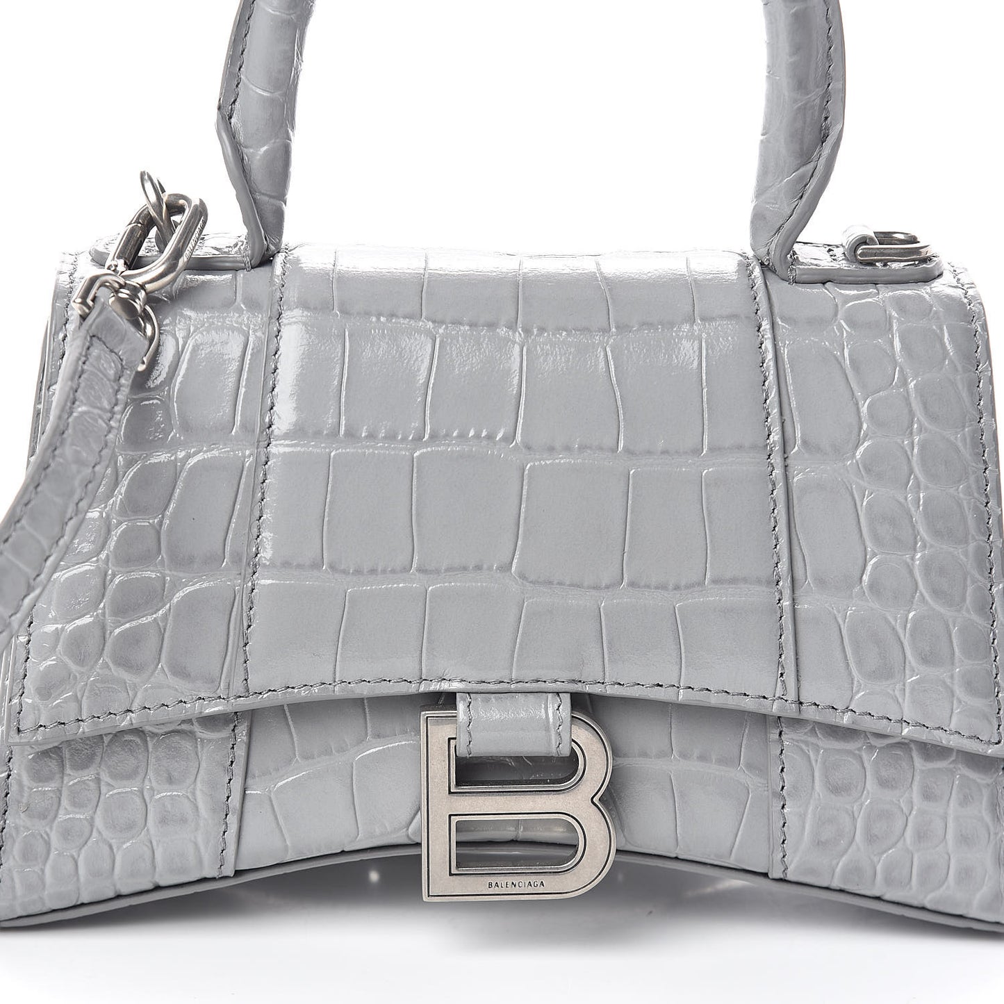 Shiny Calfskin Crocodile Embossed Hourglass Top Handle Bag XS Balenciaga Grey