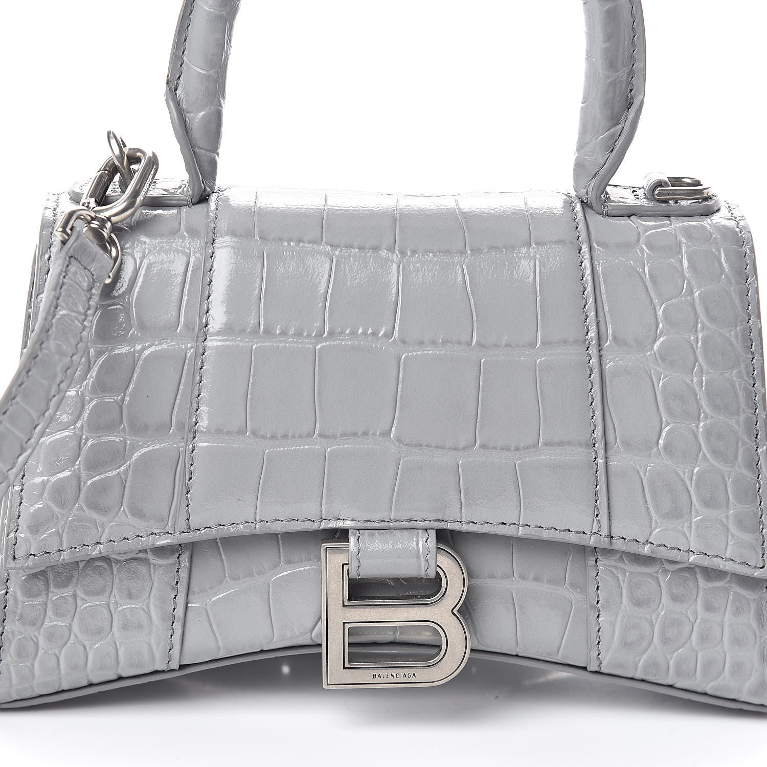Balenciaga Shiny Calfskin Crocodile Embossed Hourglass Top Handle Bag XS Balenciaga Grey 7 of 9