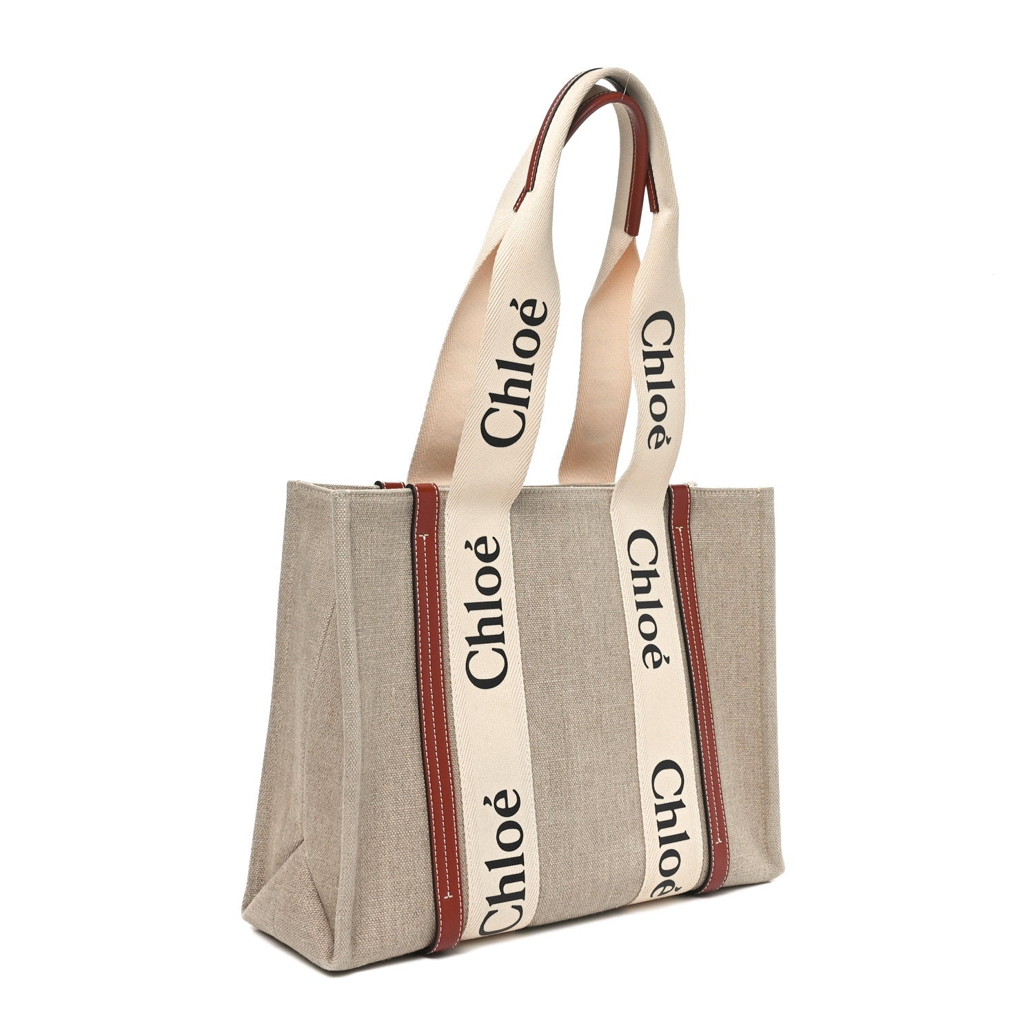 Chloe Linen Calfskin Medium Woody Ribbon Tote White Brown 3 of 10