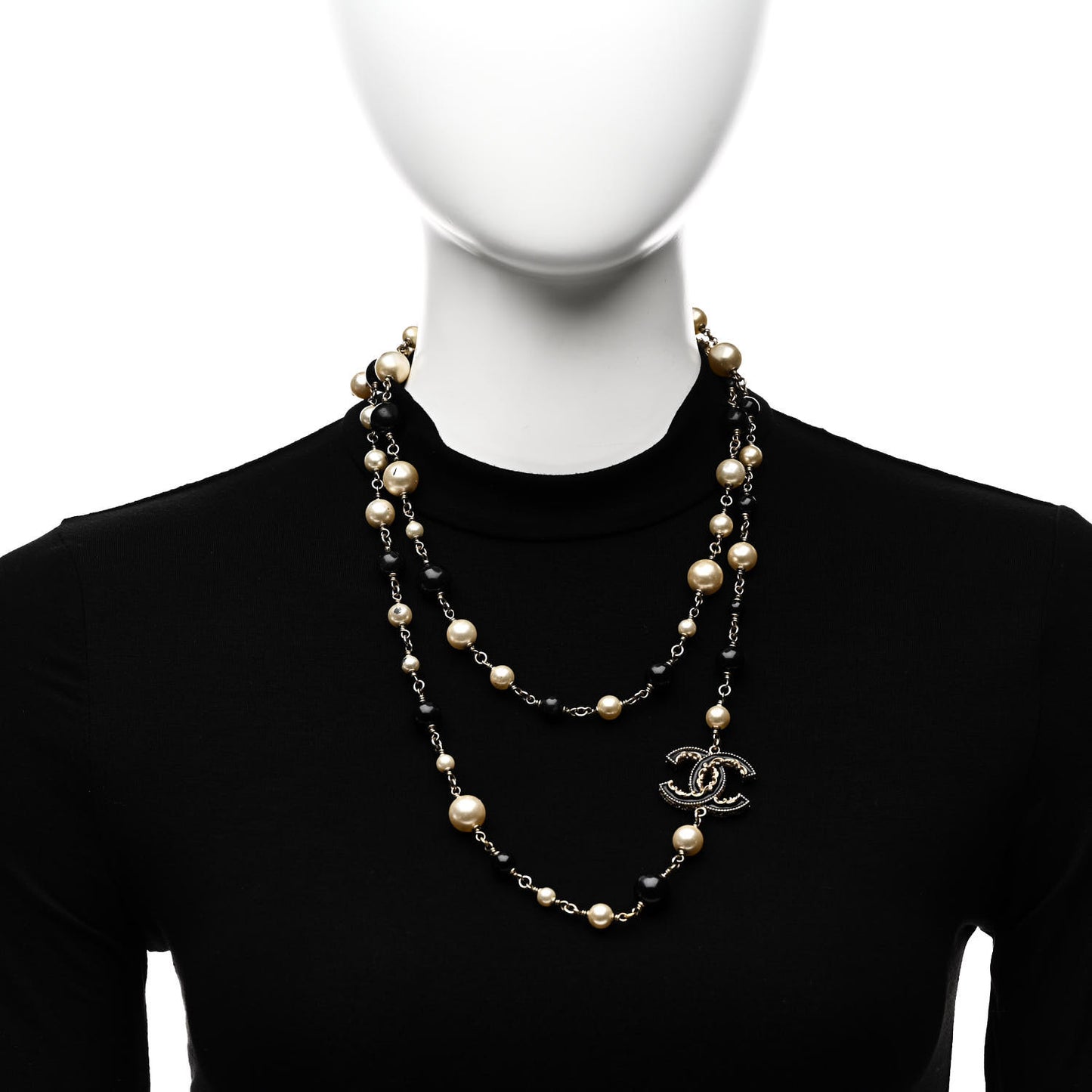 Pearl Enamel Beaded CC Baroque Long Necklace Black White Gold