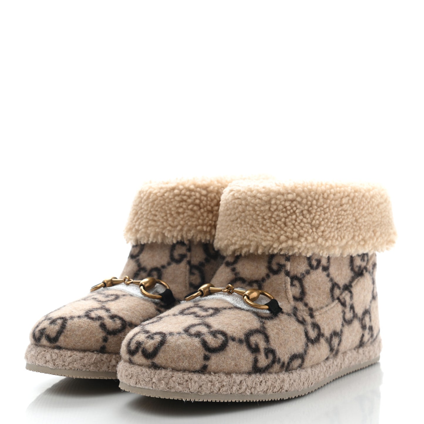 Covered Wool GG Monogram Womens Fria Horsebit Ankle Boots 36.5 Beige Ebony Butterscotch