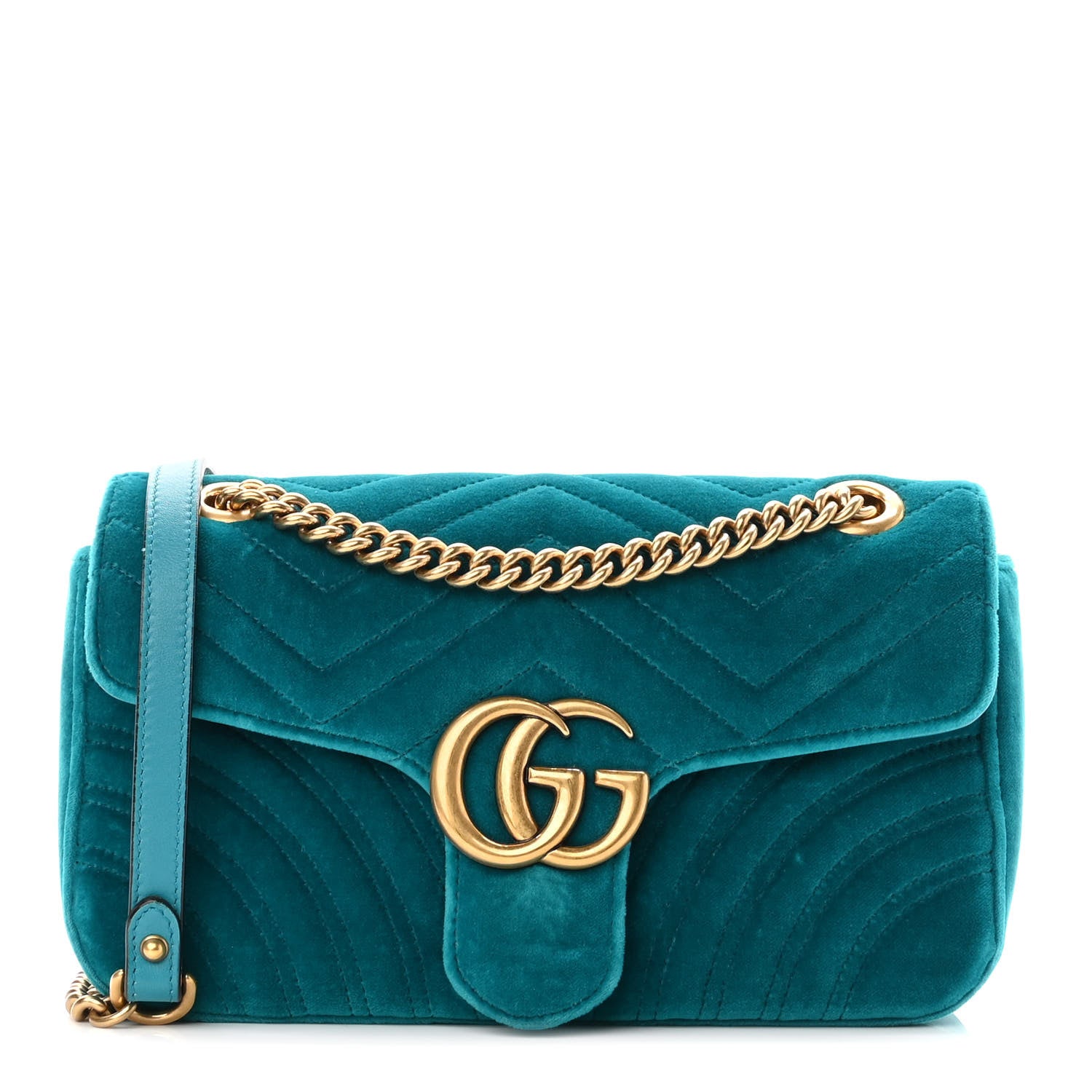 Gucci Velvet Matelasse Small GG Marmont Shoulder Bag Pavone Cyan 1 of 10
