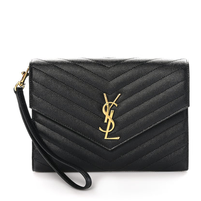 Saint Laurent Grain De Poudre Matelasse Chevron Monogram Envelope Clutch Black 1 of 8
