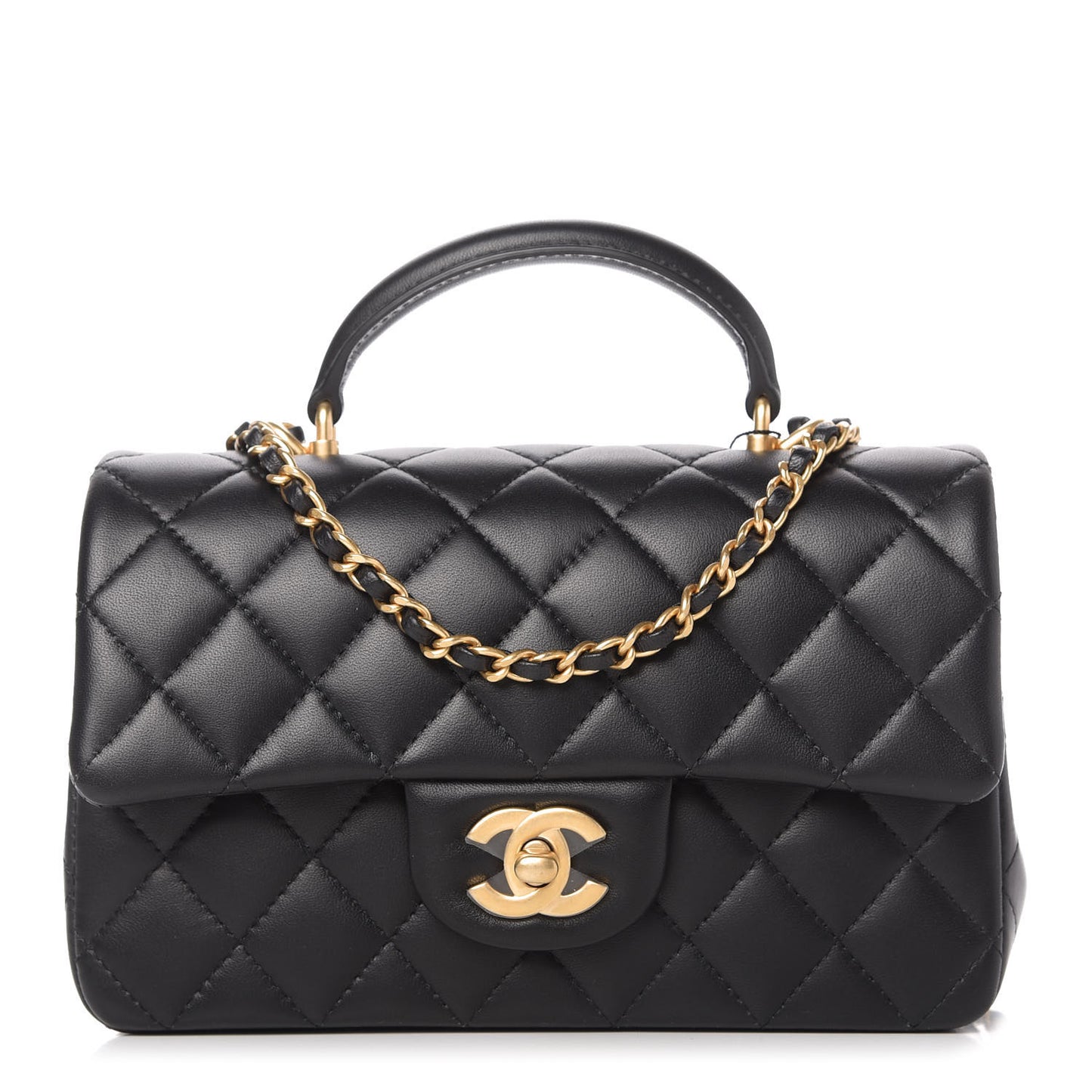 Lambskin Quilted Mini Top Handle Rectangular Flap Black