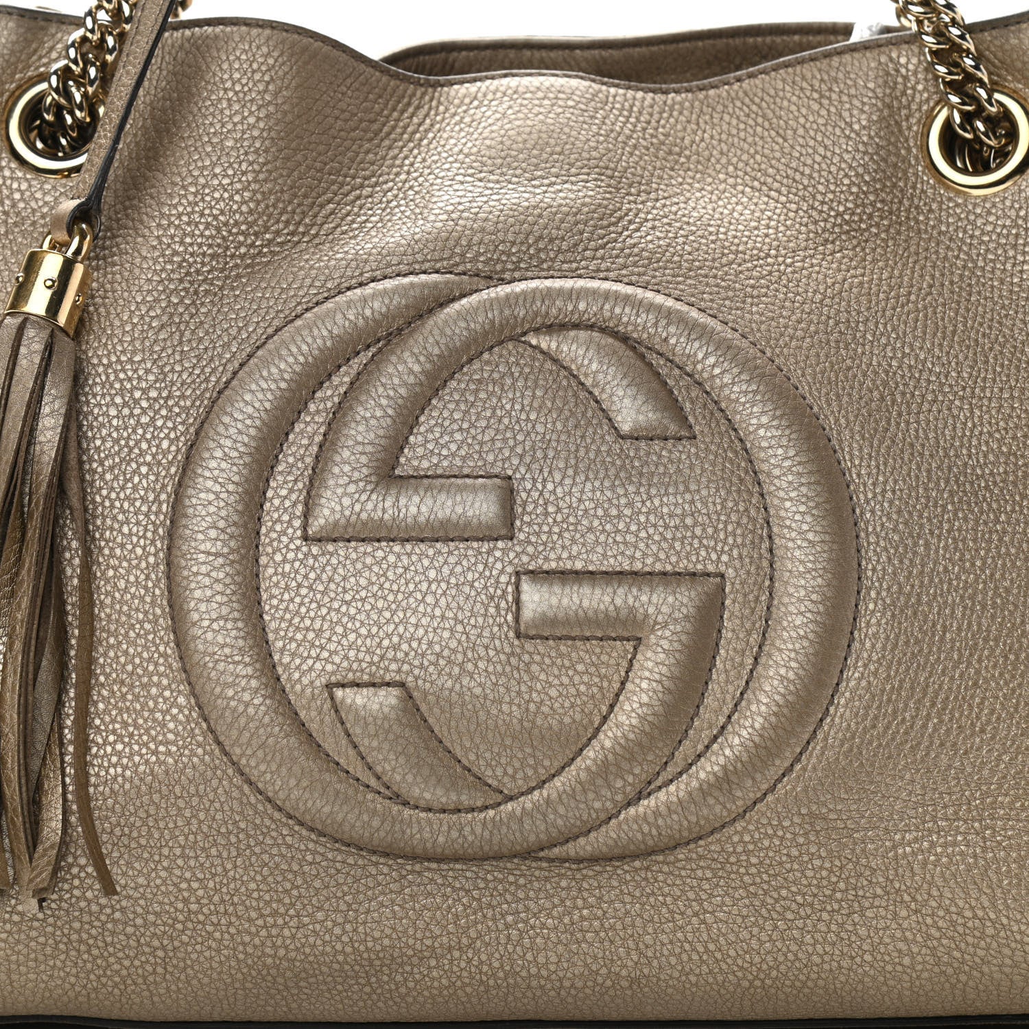 Gucci Metallic Pebbled Calfskin Medium Soho Chain Shoulder Bag Golden Beige 8 of 20