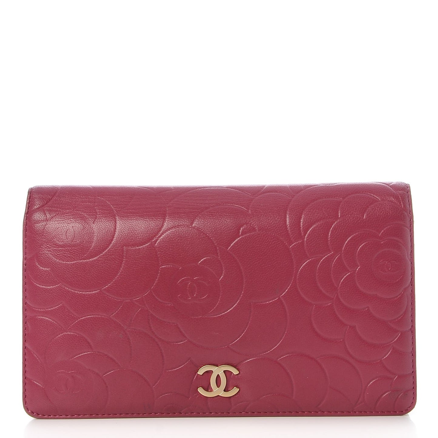 Lambskin Camellia Embossed Yen Wallet Fuchsia