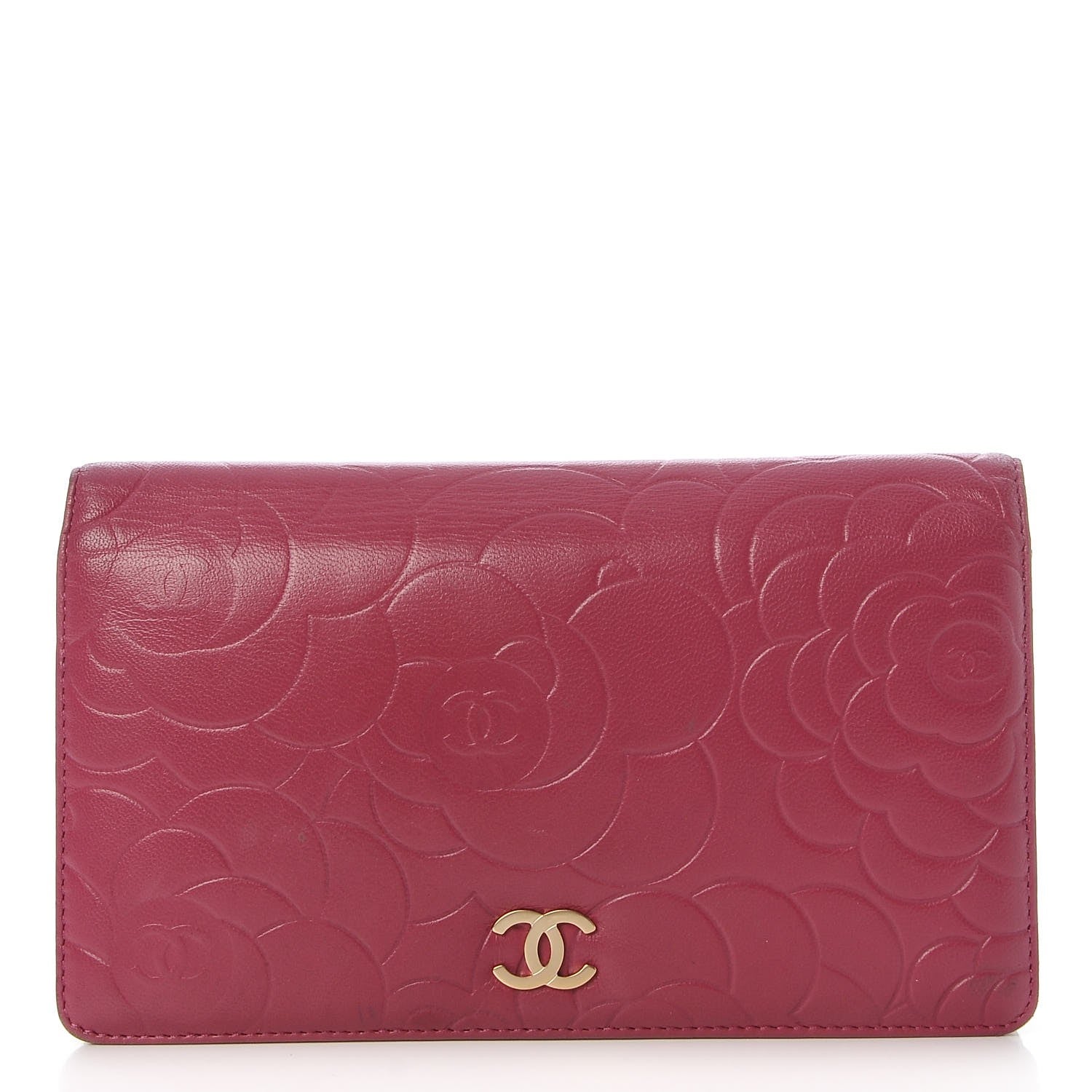 Chanel Lambskin Camellia Embossed Yen Wallet Fuchsia 1 of 9