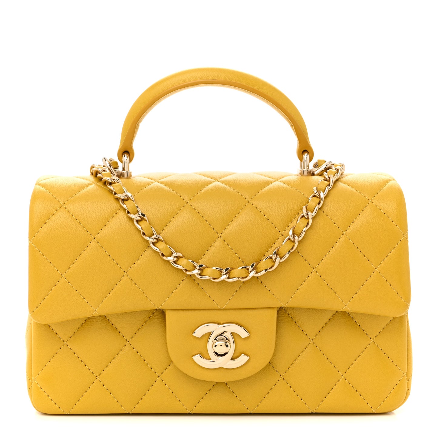 Lambskin Quilted Mini Top Handle Rectangular Flap Yellow