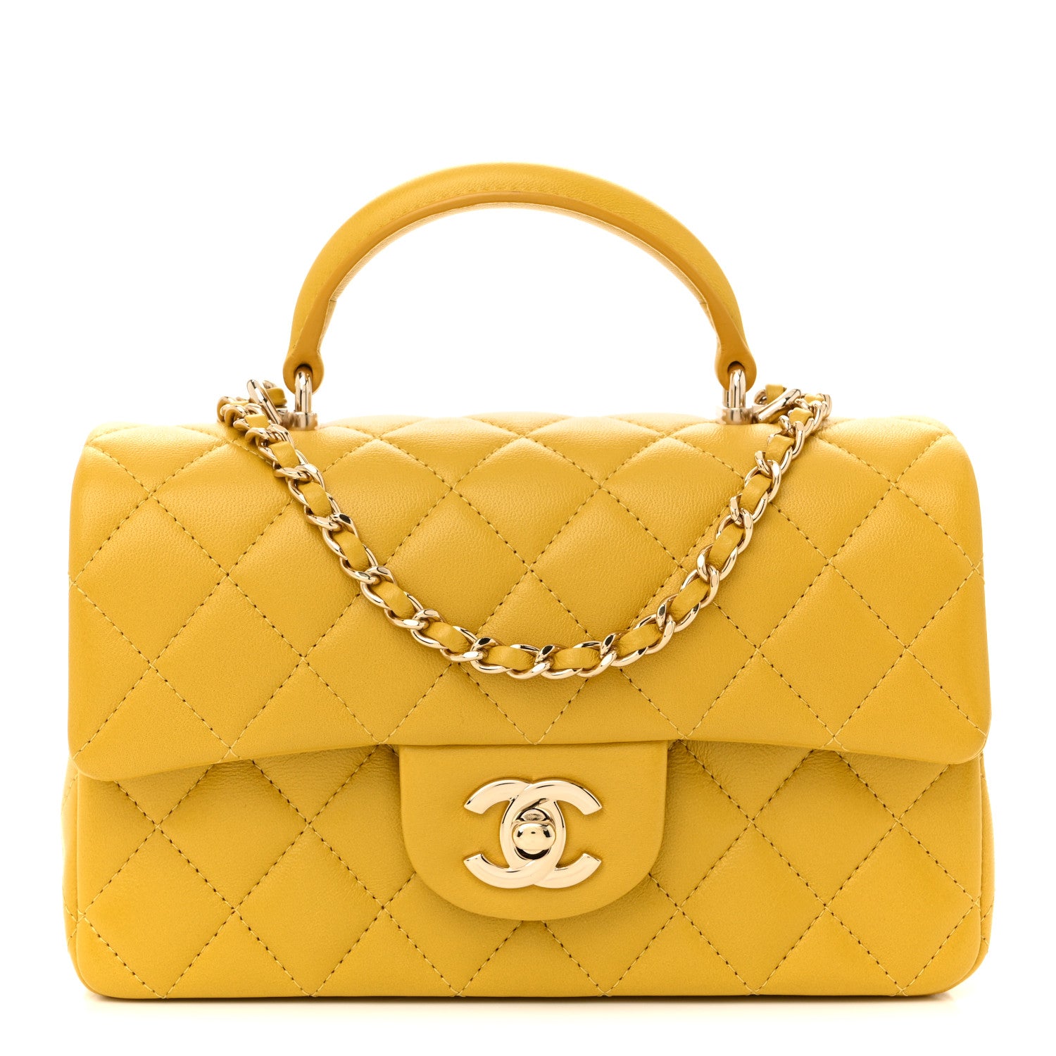 Chanel Lambskin Quilted Mini Top Handle Rectangular Flap Yellow 1 of 12