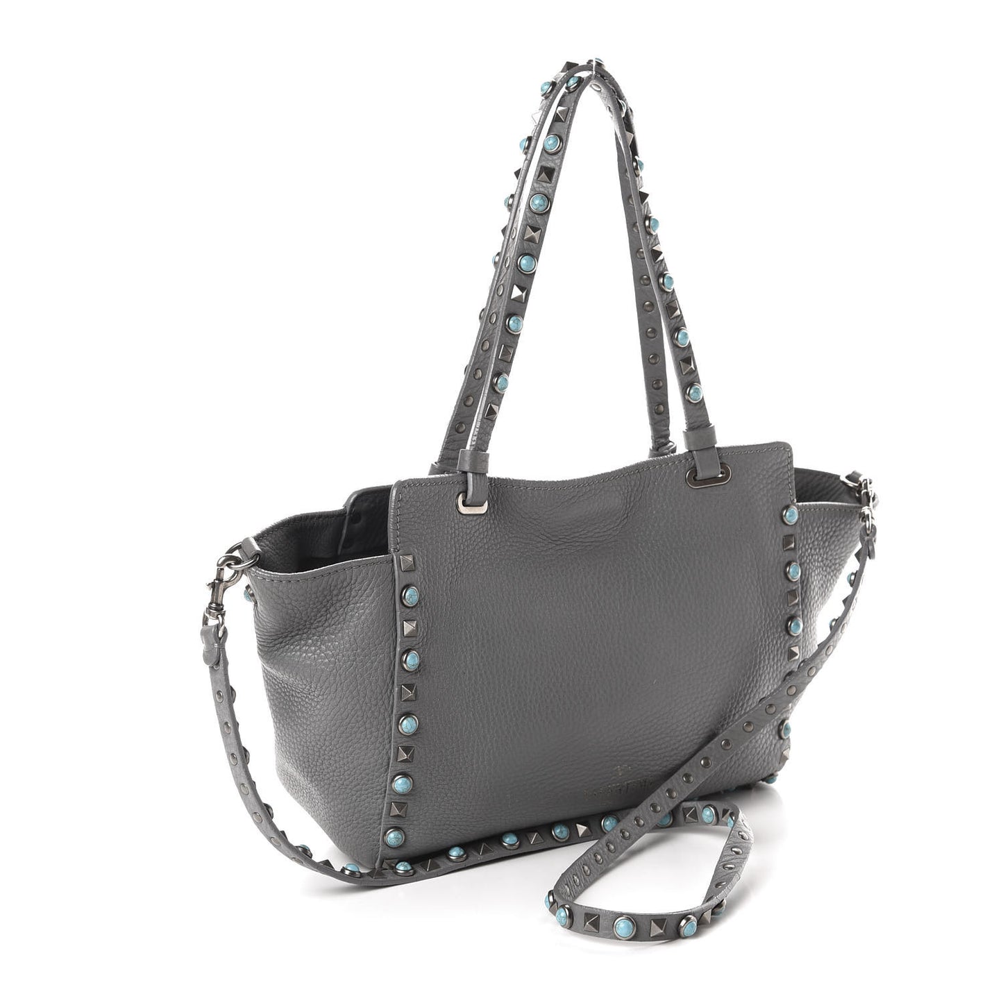 Grained Calfskin Turquoise Small Rockstud Rolling Tote Light Stone