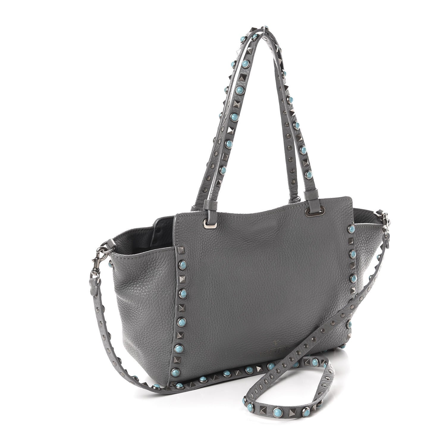 Valentino Garavani Grained Calfskin Turquoise Small Rockstud Rolling Tote Light Stone 3 of 14