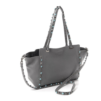 Valentino Garavani Grained Calfskin Turquoise Small Rockstud Rolling Tote Light Stone 3 of 14