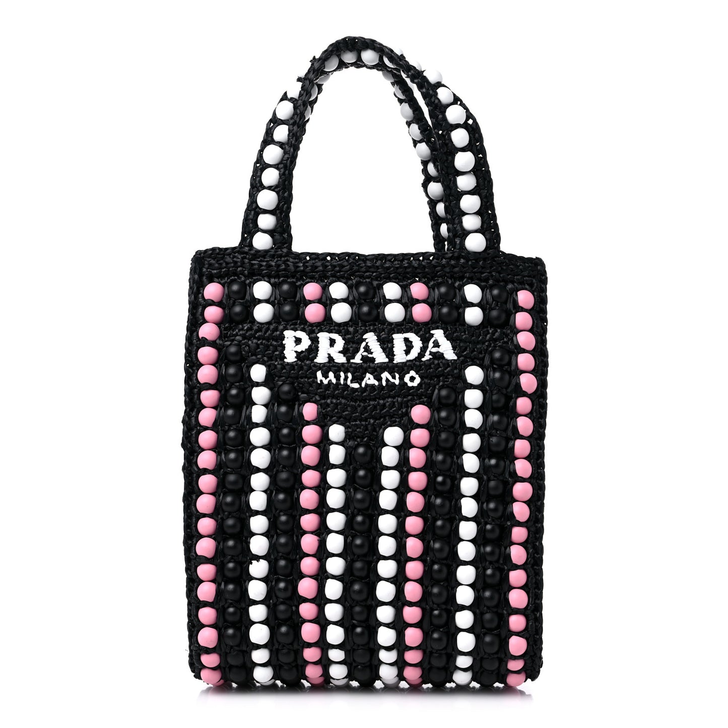 Raffia Wood Bead Embroidered Logo Tote Bag Black