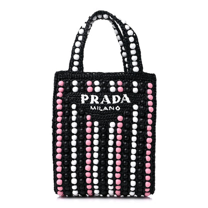 Prada Raffia Wood Bead Embroidered Logo Tote Bag Black 1 of 10