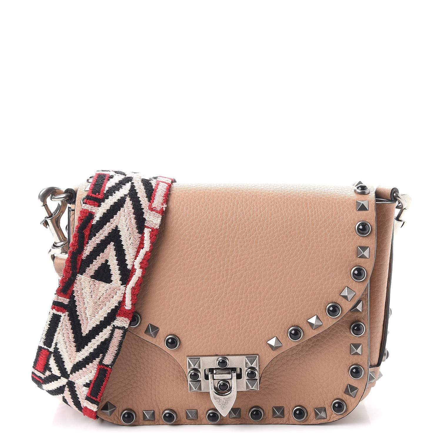 Valentino Garavani Grained Calfskin Onyx Guitar Strap Rockstud Rolling Shoulder Flap Messenger Bag Soft Noisette 1 of 9