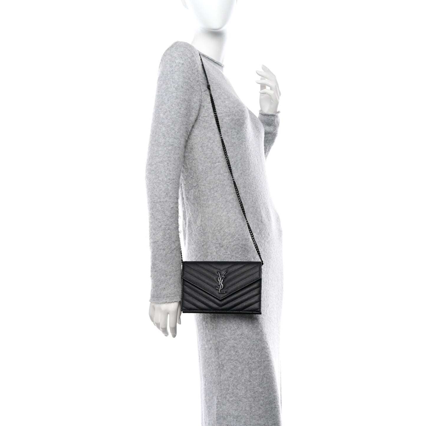 SAINT LAURENT Grain De Poudre Matelasse Chevron Monogram Monochrome Envelope Chain Wallet Black
