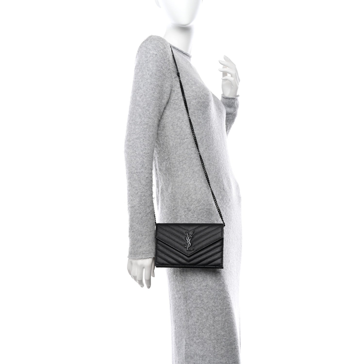 Saint Laurent SAINT LAURENT Grain De Poudre Matelasse Chevron Monogram Monochrome Envelope Chain Wallet Black 2 of 11