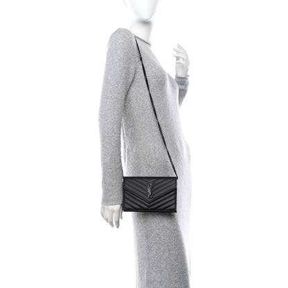 Saint Laurent SAINT LAURENT Grain De Poudre Matelasse Chevron Monogram Monochrome Envelope Chain Wallet Black 2 of 11