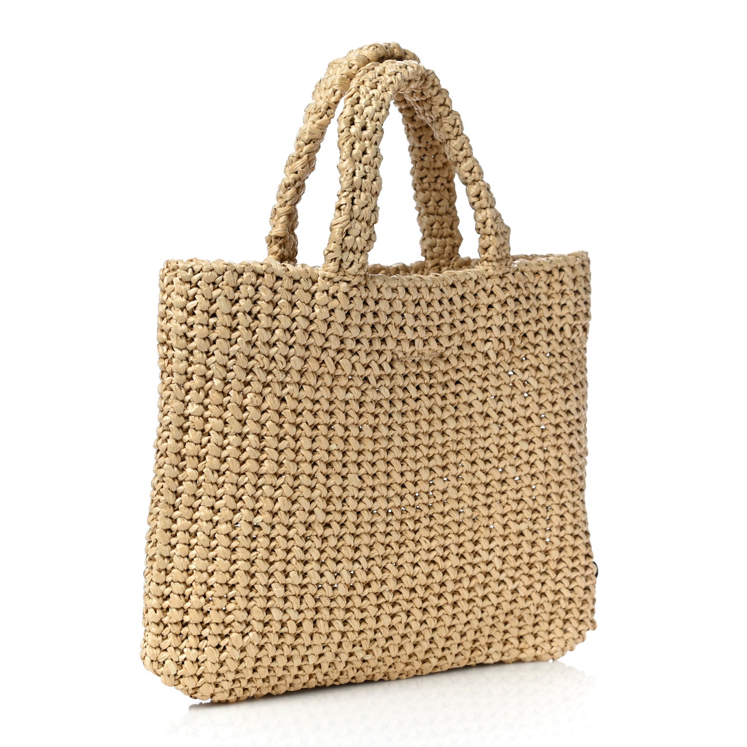 Prada Yarn Raffia Effect Crochet Embroidered Small Logo Tote Naturale 3 of 9