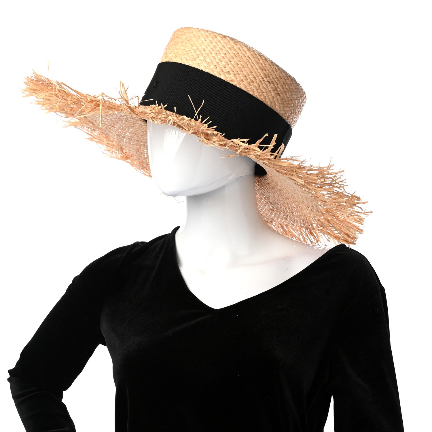 Chanel Raffia Wide Brimmed Hat L Beige Black 2 of 8