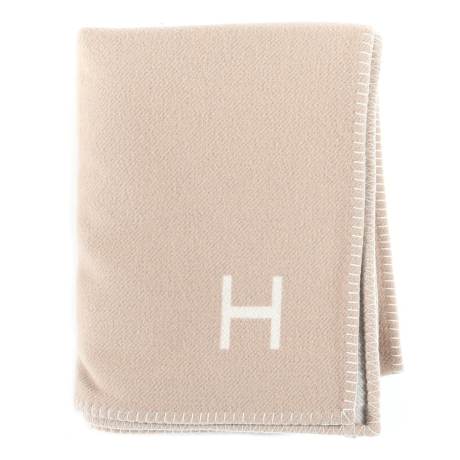 Hermes Wool Cashmere H Casaque Blanket Beige White 1 of 6