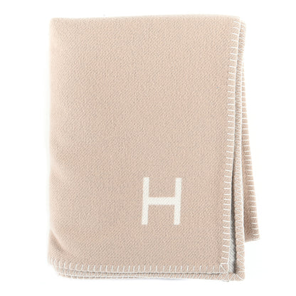 Hermes Wool Cashmere H Casaque Blanket Beige White 1 of 6