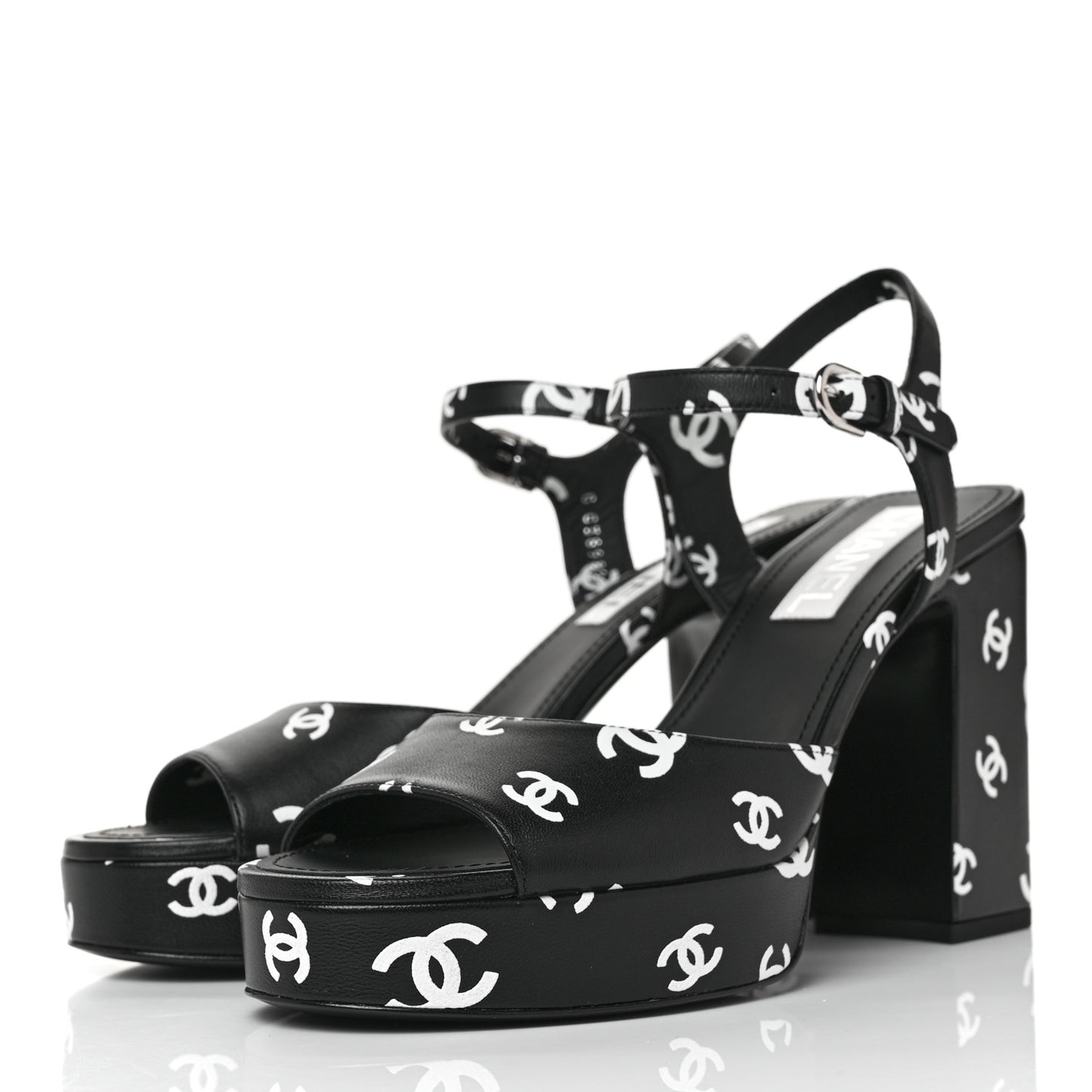 Printed Lambskin CC Platform Sandals 39.5 Black White