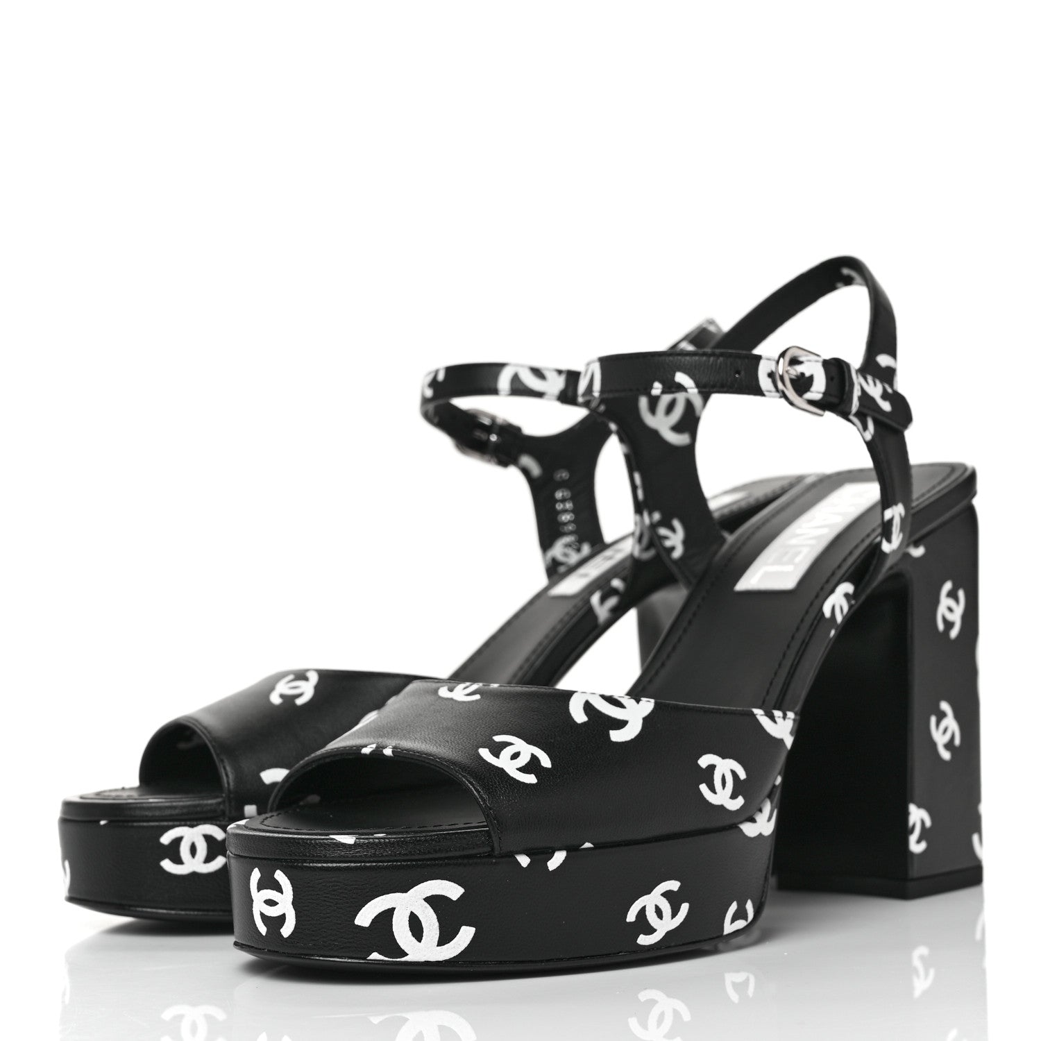 Chanel Printed Lambskin CC Platform Sandals 39.5 Black White 3 of 8