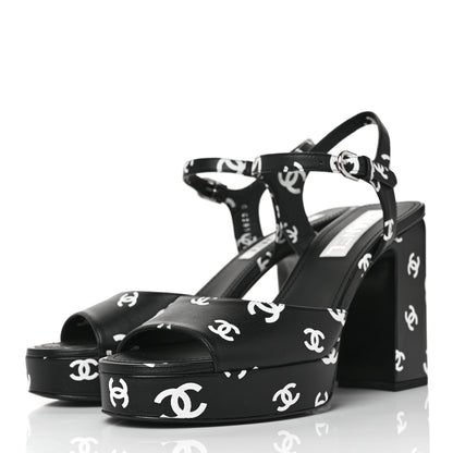 Chanel Printed Lambskin CC Platform Sandals 39.5 Black White 3 of 8