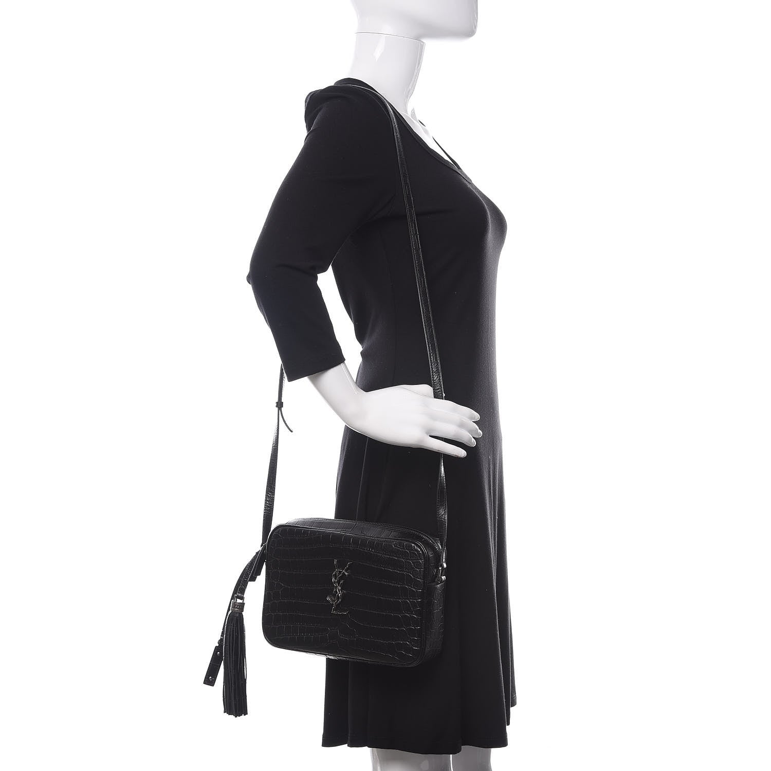 Saint Laurent Calfskin Crocodile Embossed Monogram Lou Camera Bag Black 2 of 9