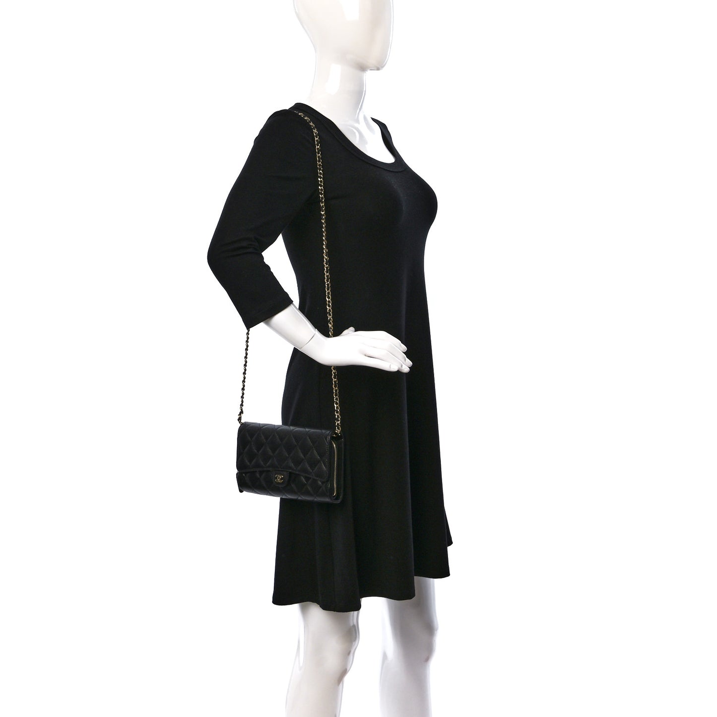 Caviar Quilted Phone Holder Wallet on Removable Chain Black