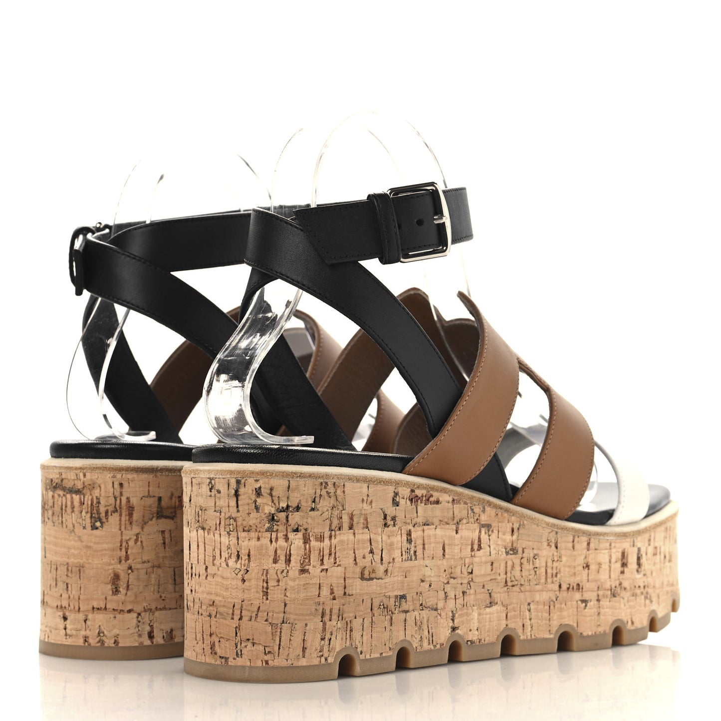 Calfskin Cork Havane 30 Wedge Sandals 38 Black Gold White