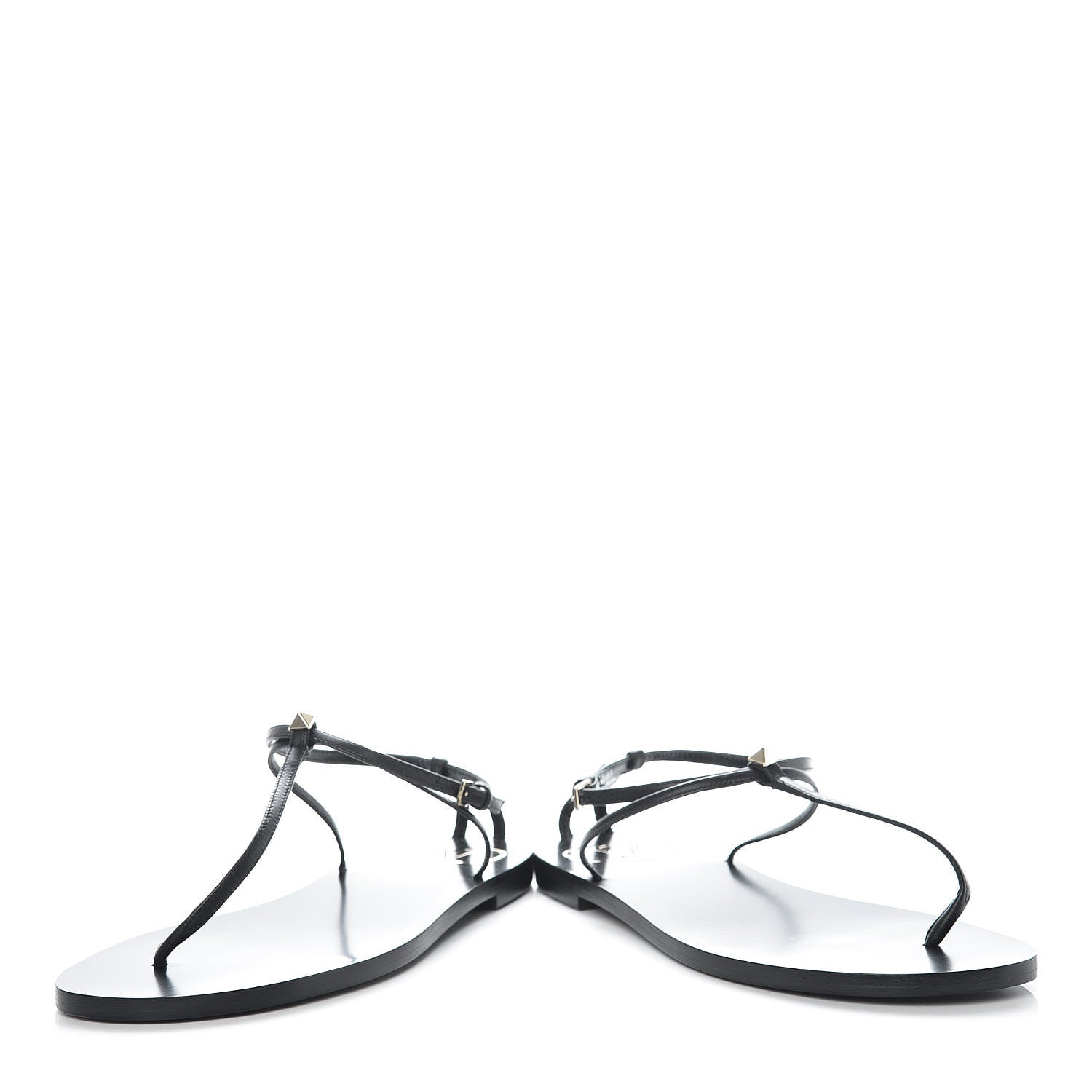 Valentino Garavani Calfskin Nude Rockstud T Strap Flat Thong Sandals 36 Black 6 of 9