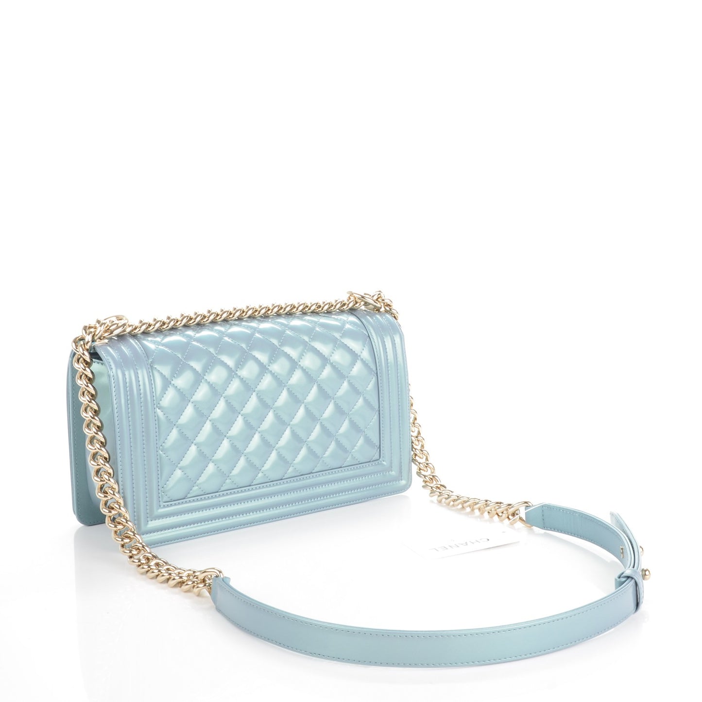 Iridescent Patent Calfskin Quilted Medium Boy Flap Light Blue