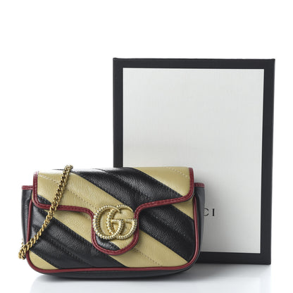 Gucci Vintage Effect Calfskin Matelasse Diagonal Striped Super Mini Torchon GG Marmont Shoulder Bag Black Beige 10 of 10