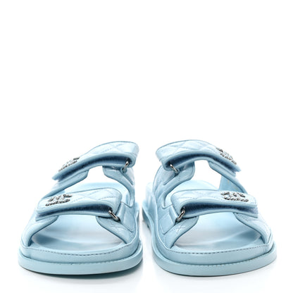 Chanel Laminated Lambskin Quilted Velcro Dad Chain CC Slide Sandals 39.5 Light Blue 2 of 10