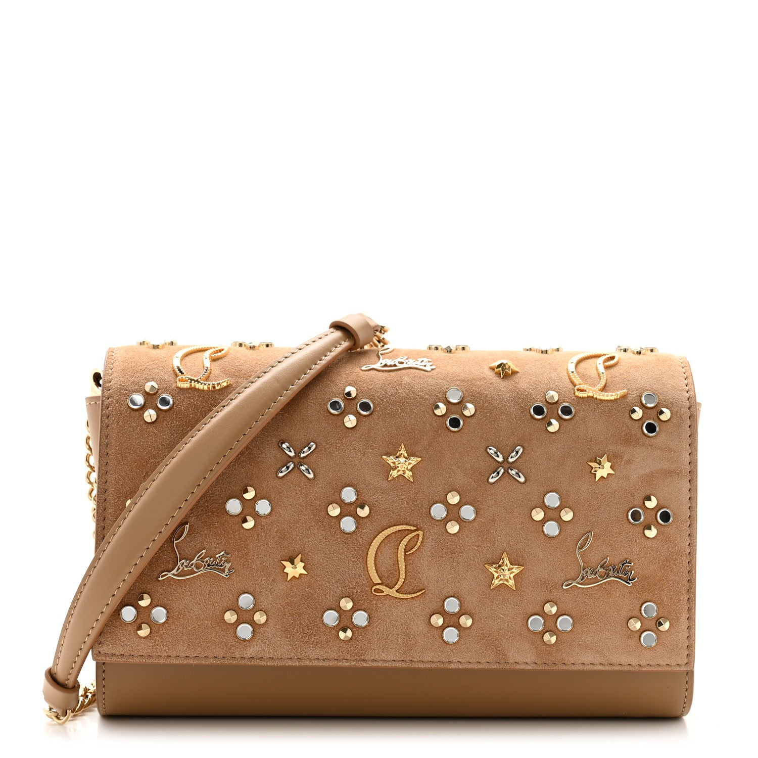 Christian Louboutin Suede Spikes Loubinthesky Paloma Clutch Lionne 1 of 10