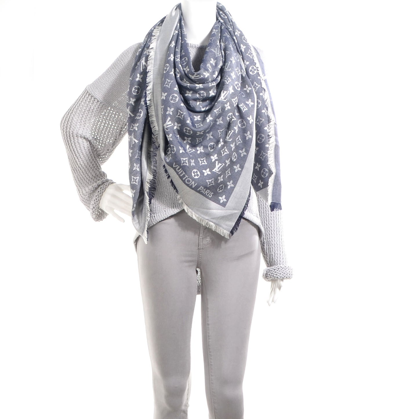 Silk Wool Monogram Denim Shawl Blue
