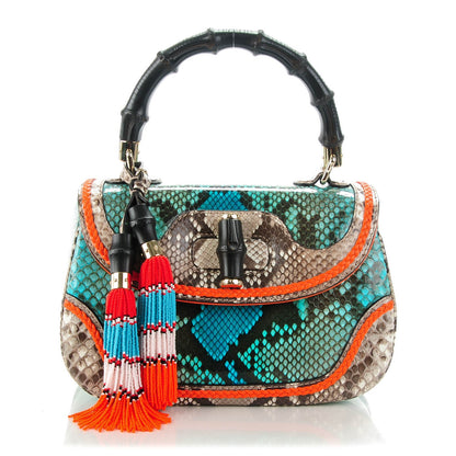 Gucci Python Medium New Bamboo Top Handle Bag Neon Orange Raspberry Aquamarine 1 of 7