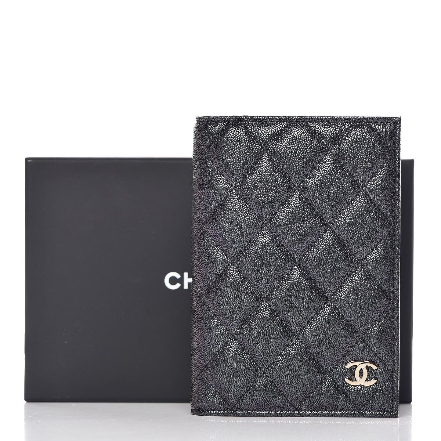 Iridescent Caviar Quilted Passport Holder Black