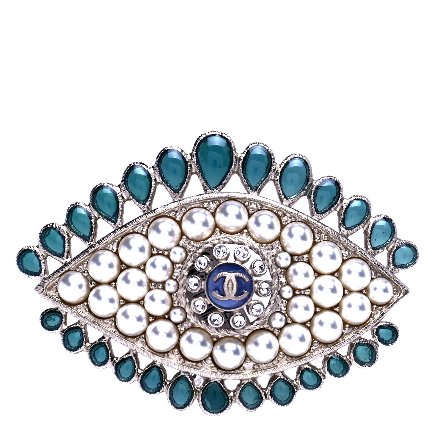 Chanel Resin Crystal Glass Pearl Eye Brooch Gold Pearly White Green 1 of 4