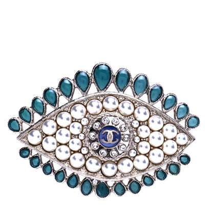 Chanel Resin Crystal Glass Pearl Eye Brooch Gold Pearly White Green 1 of 4